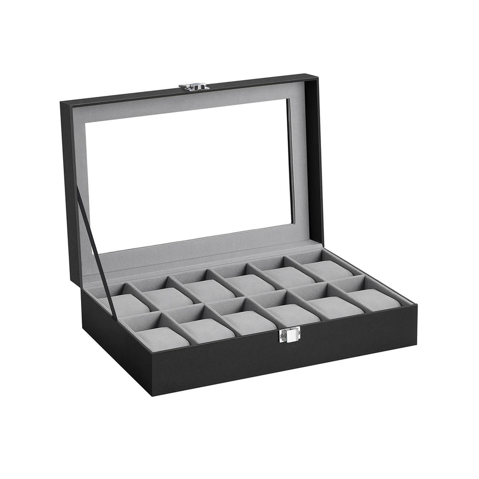 Watch Box – Faux Leather – Black – 12-Slot with Glass Lid and Removable Velvet Pillows