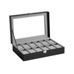Watch Box – Faux Leather – Black – 12-Slot with Glass Lid and Removable Velvet Pillows