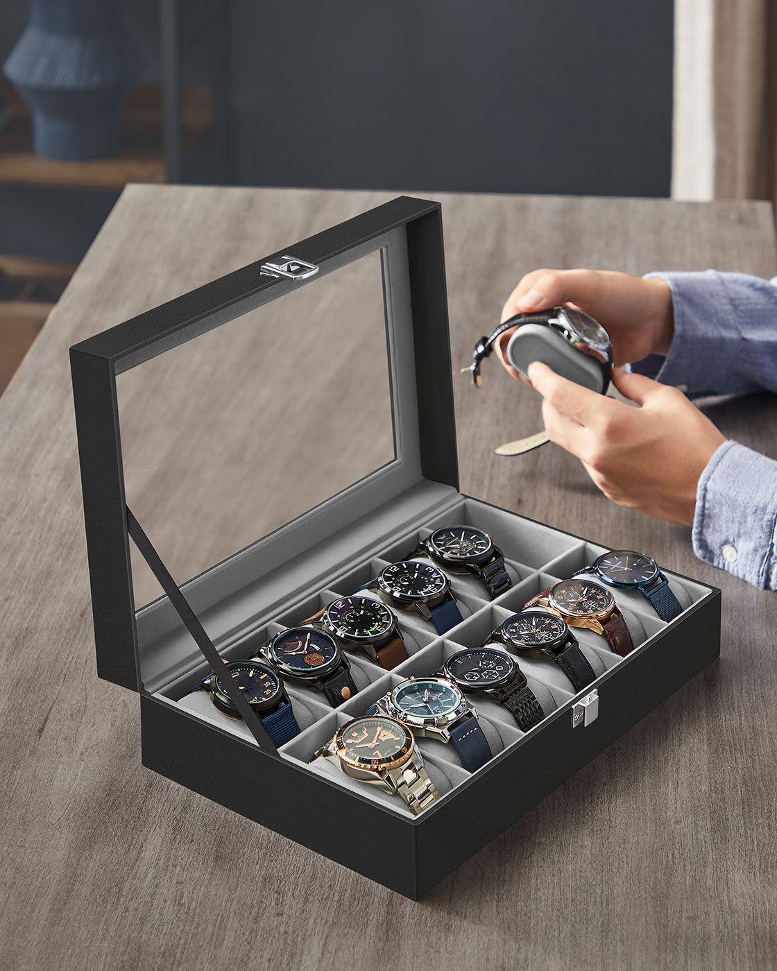 Watch Box – Faux Leather – Black – 12-Slot with Glass Lid and Removable Velvet Pillows