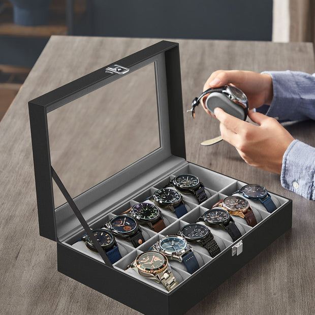Watch Box – Faux Leather – Black – 12-Slot with Glass Lid and Removable Velvet Pillows
