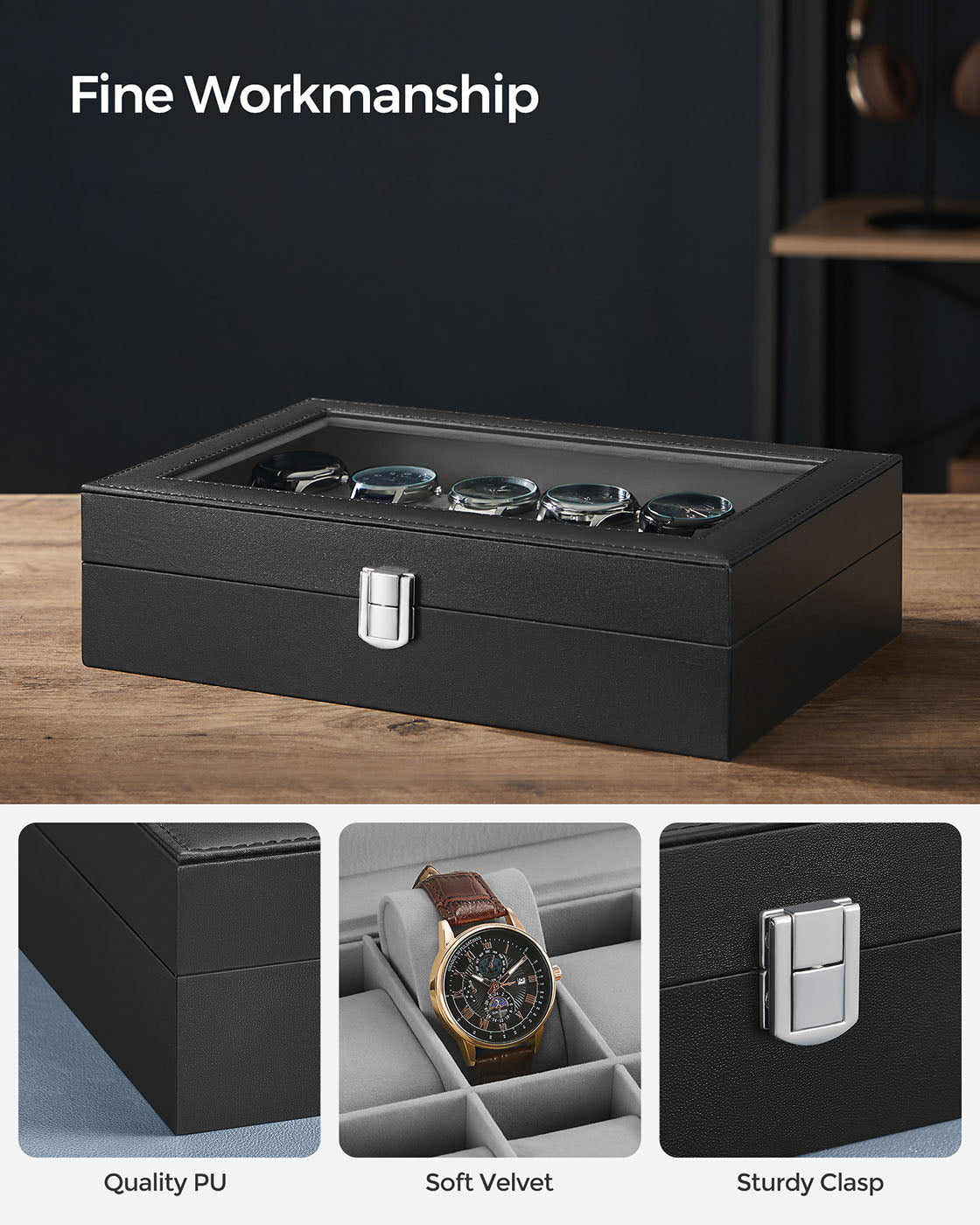 Watch Box – Faux Leather – Black – 12-Slot with Glass Lid and Removable Velvet Pillows
