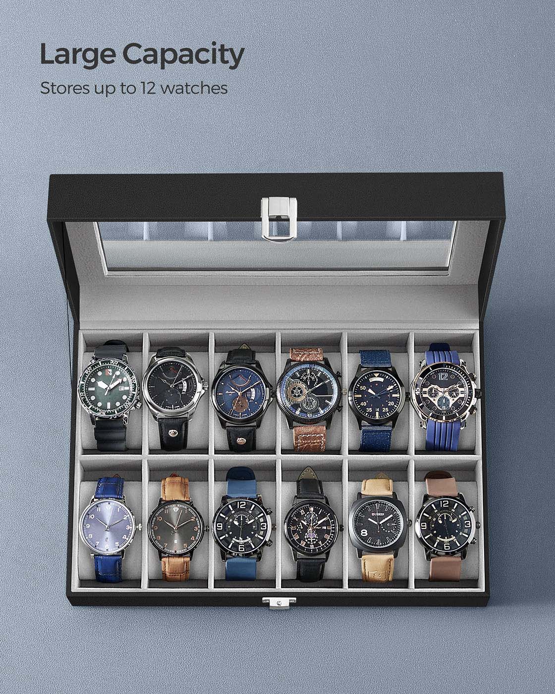 Watch Box – Faux Leather – Black – 12-Slot with Glass Lid and Removable Velvet Pillows