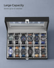 Watch Box – Faux Leather – Black – 12-Slot with Glass Lid and Removable Velvet Pillows