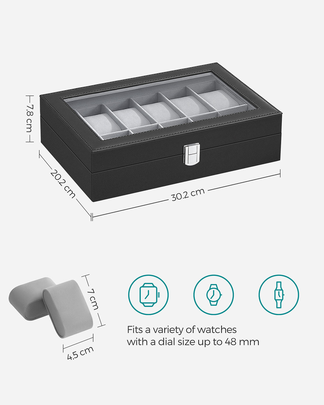 Watch Box – Faux Leather – Black – 12-Slot with Glass Lid and Removable Velvet Pillows
