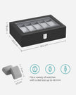 Watch Box – Faux Leather – Black – 12-Slot with Glass Lid and Removable Velvet Pillows