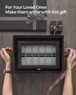 Watch Box – Faux Leather – Black – 12-Slot with Glass Lid and Removable Velvet Pillows