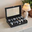12-Slot Watch Box Organizer – Synthetic Leather – Black with Greenish Grey Lining – Large Glass Lid and Removable Watch Pillows