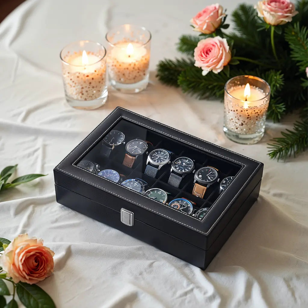 12-Slot Watch Box Organizer – Synthetic Leather – Black with Greenish Grey Lining – Large Glass Lid and Removable Watch Pillows
