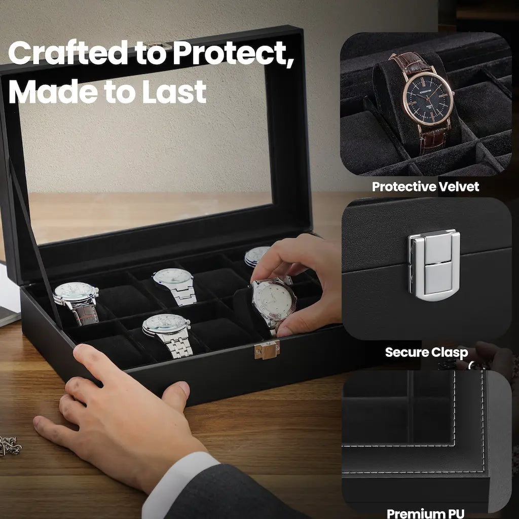 12-Slot Watch Box Organizer – Synthetic Leather – Black with Greenish Grey Lining – Large Glass Lid and Removable Watch Pillows