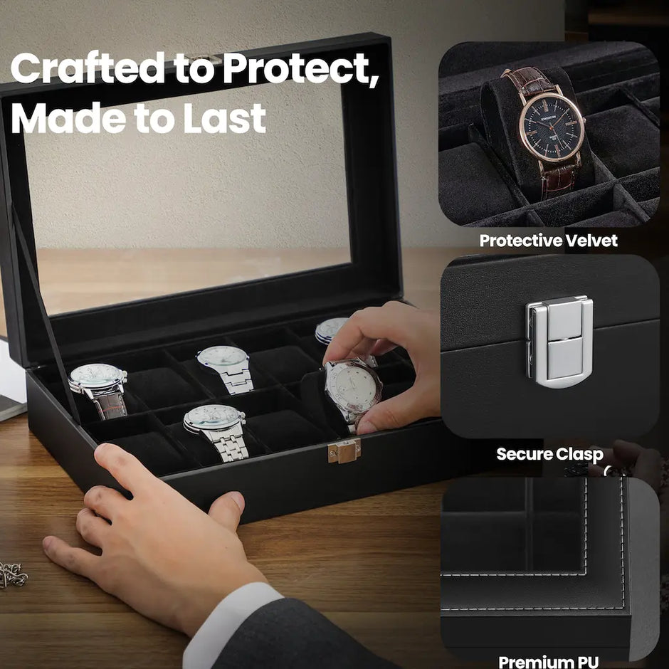 12-Slot Watch Box Organizer – Synthetic Leather – Black with Greenish Grey Lining – Large Glass Lid and Removable Watch Pillows