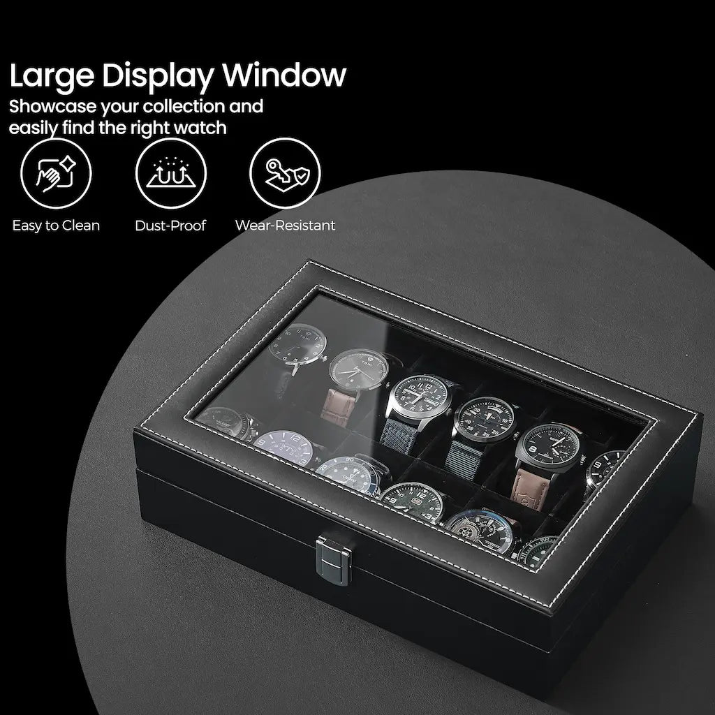 12-Slot Watch Box Organizer – Synthetic Leather – Black with Greenish Grey Lining – Large Glass Lid and Removable Watch Pillows