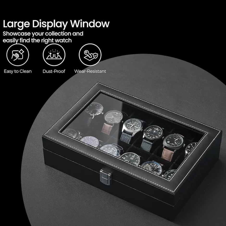 12-Slot Watch Box Organizer – Synthetic Leather – Black with Greenish Grey Lining – Large Glass Lid and Removable Watch Pillows