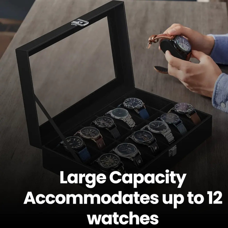 12-Slot Watch Box Organizer – Synthetic Leather – Black with Greenish Grey Lining – Large Glass Lid and Removable Watch Pillows
