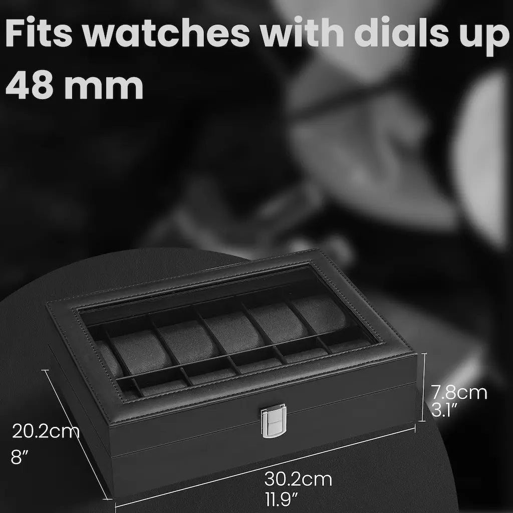 12-Slot Watch Box Organizer – Synthetic Leather – Black with Greenish Grey Lining – Large Glass Lid and Removable Watch Pillows