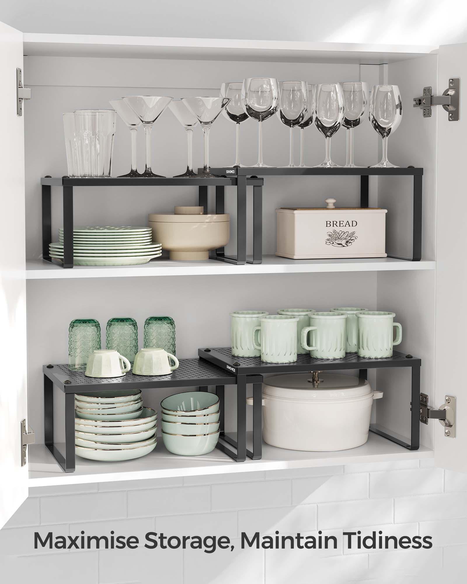Set of 2 Stackable and Expandable Spice Racks – Metal – Ink Black – Cupboard Organisers