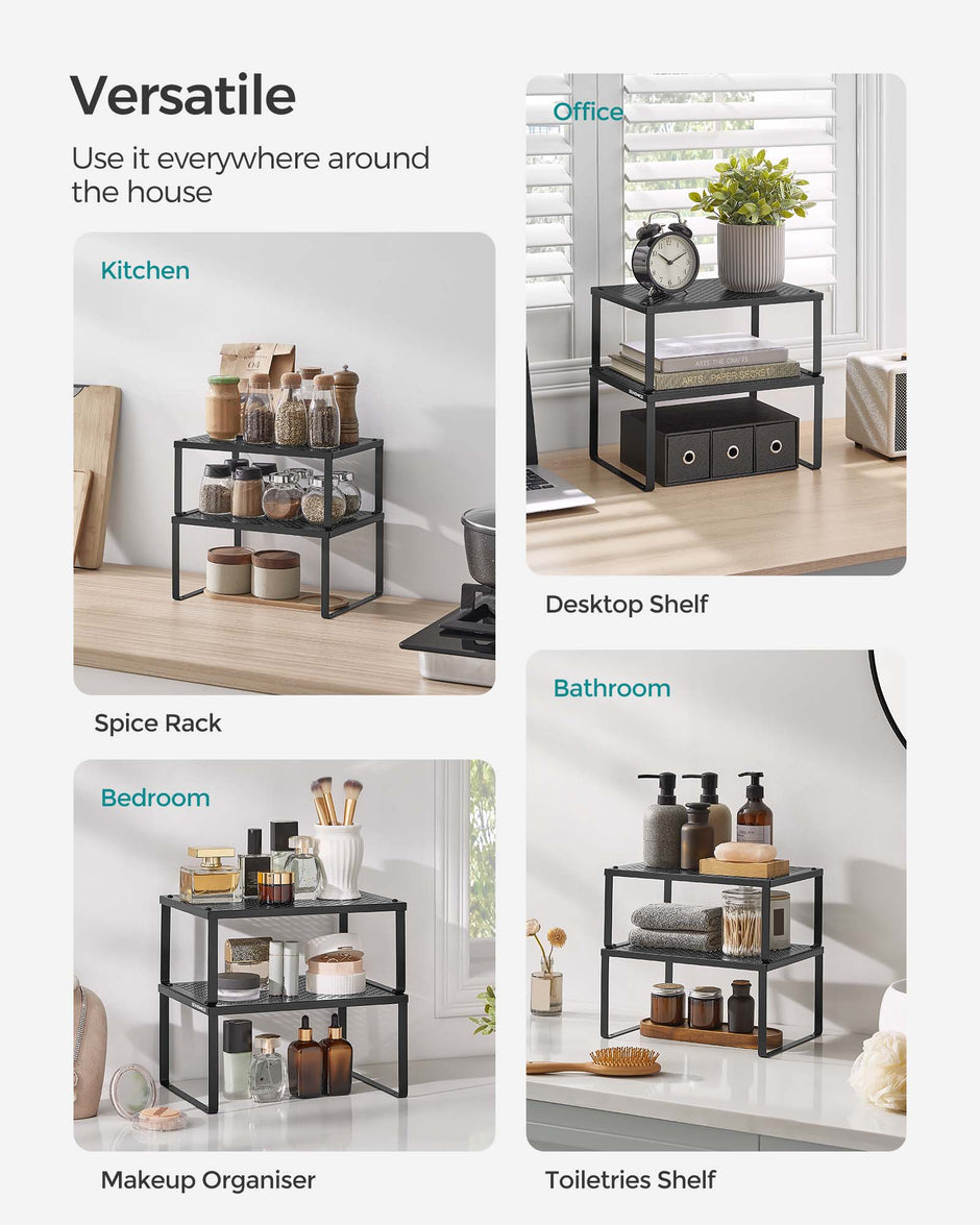 Set of 2 Stackable and Expandable Spice Racks – Metal – Ink Black – Cupboard Organisers