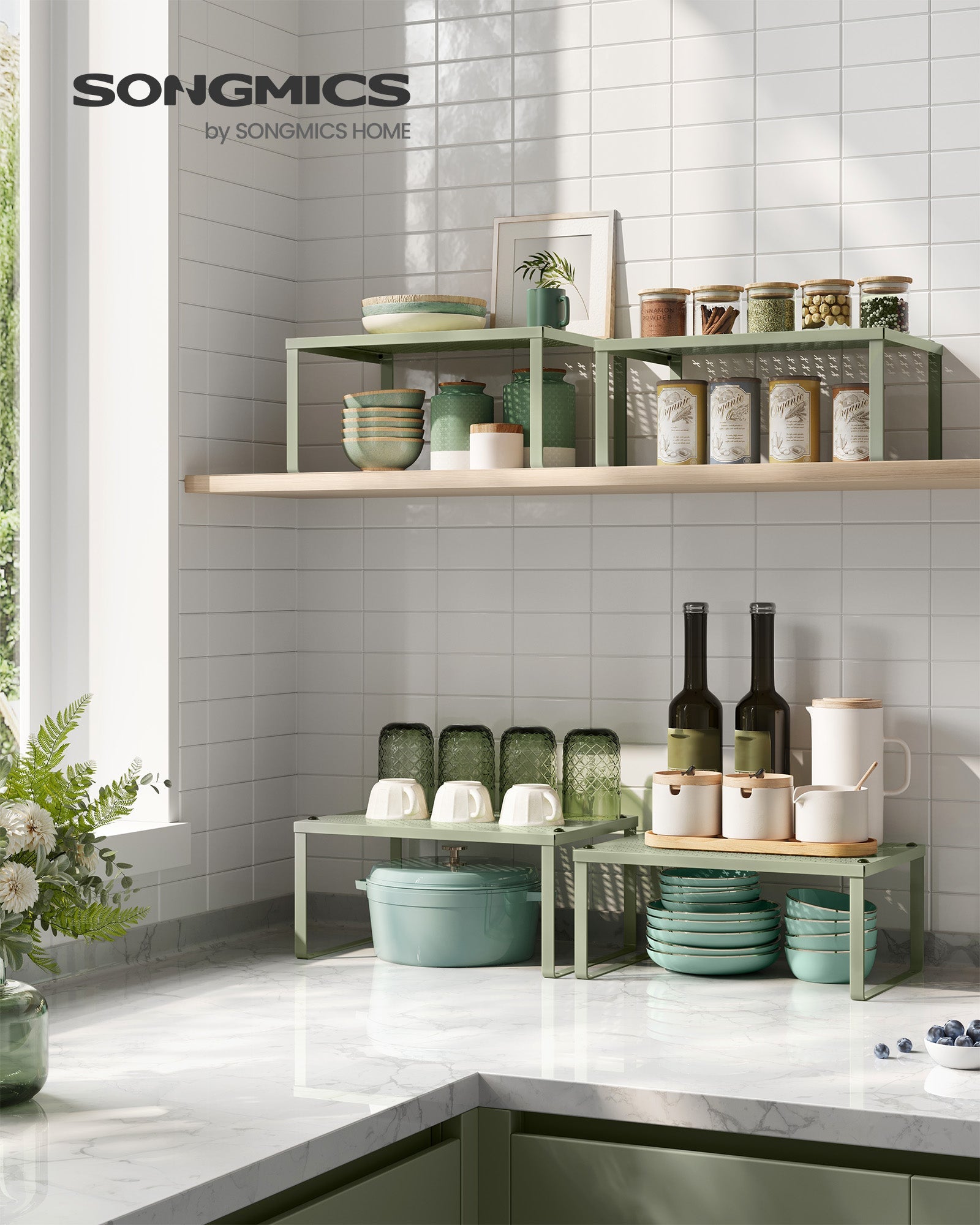 Set of 2 Metal Stackable and Expandable Spice Racks – Laurel Green – Kitchen Storage Solution