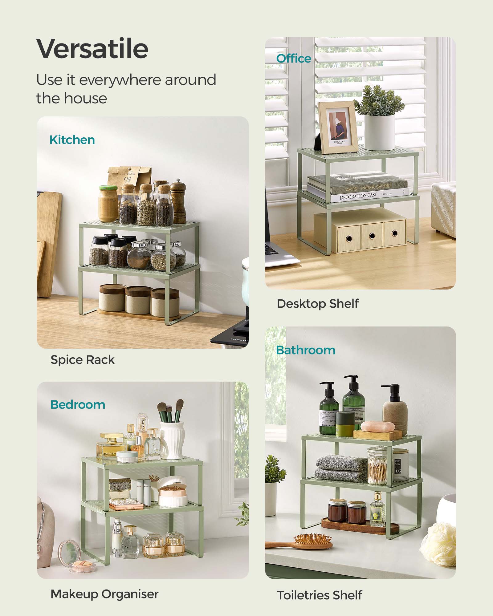 Set of 2 Metal Stackable and Expandable Spice Racks – Laurel Green – Kitchen Storage Solution