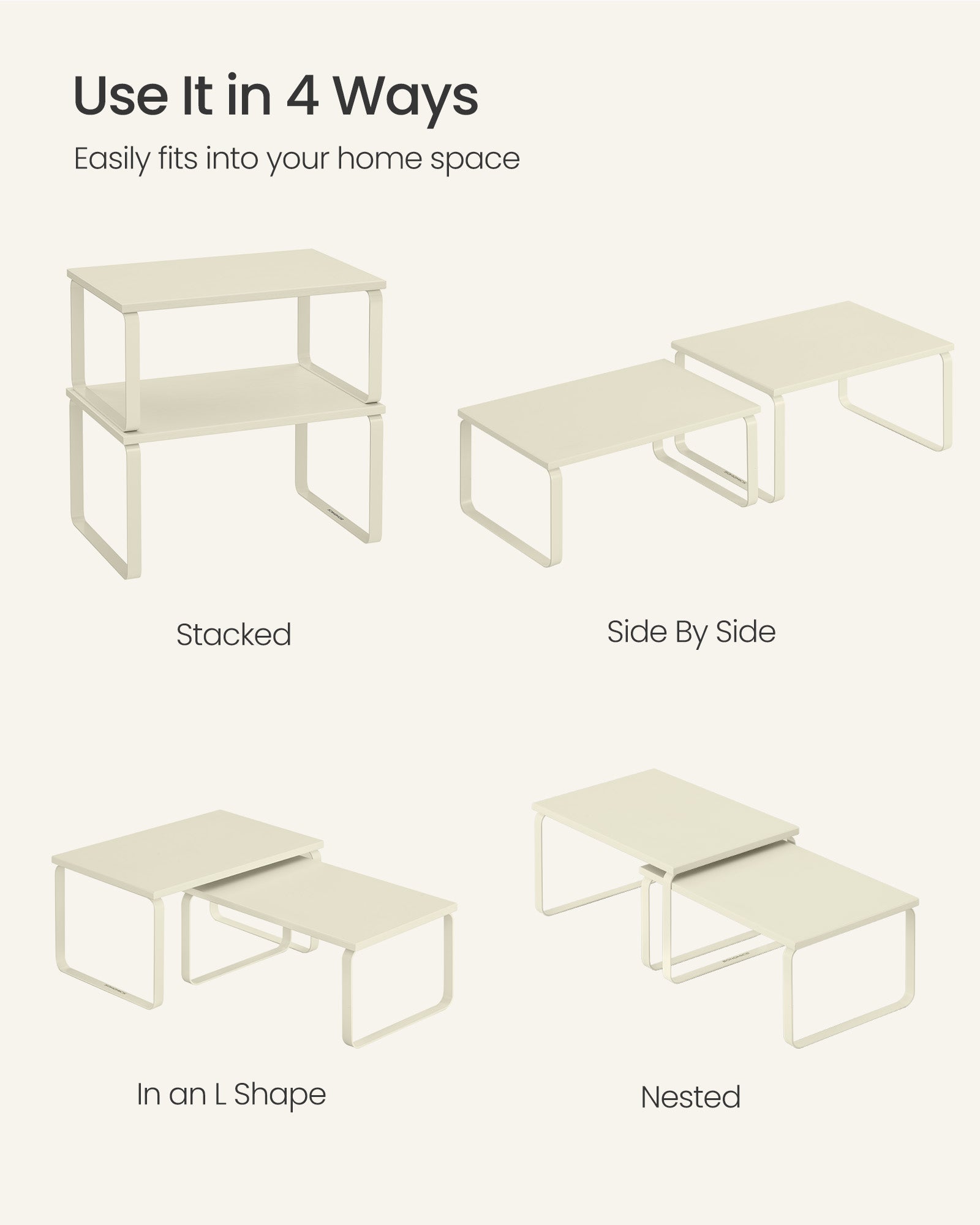 Set of 2 Stackable Spice Racks – Metal and Engineered Wood – Cream White – Expandable Design