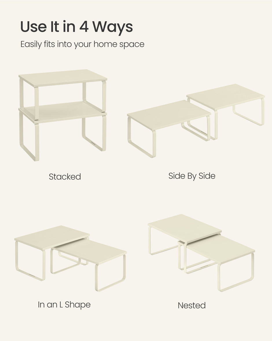 Set of 2 Stackable Spice Racks – Metal and Engineered Wood – Cream White – Expandable Design