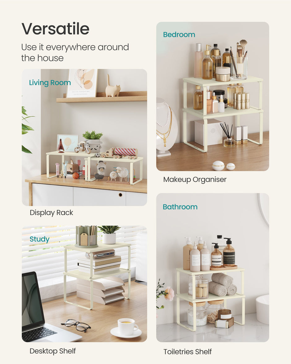 Set of 2 Stackable Spice Racks – Metal and Engineered Wood – Cream White – Expandable Design