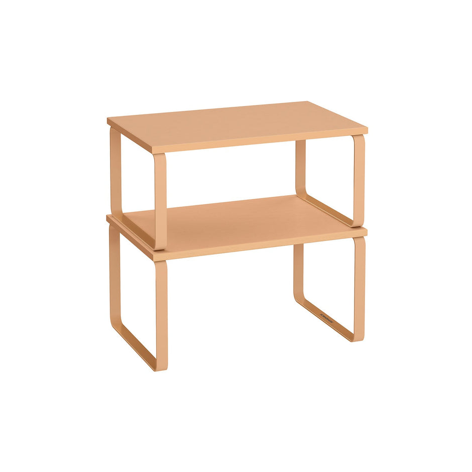 Set of 2 Stackable Expandable Spice Racks – Metal and Engineered Wood – Apricot Orange – Cupboard Shelf Organisers