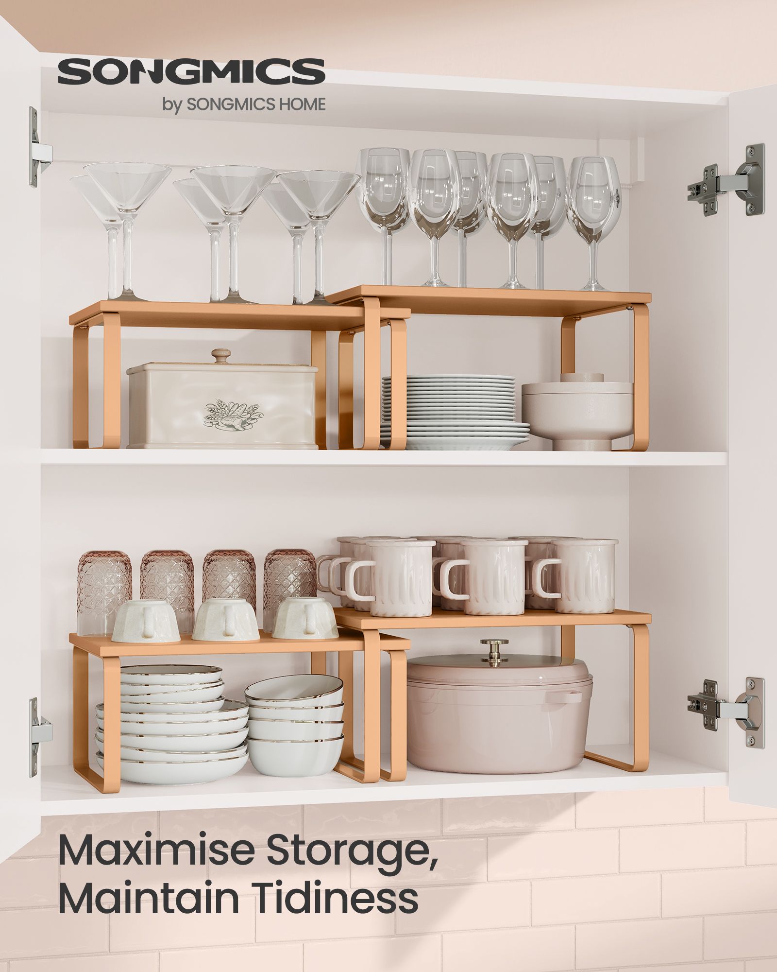 Set of 2 Stackable Expandable Spice Racks – Metal and Engineered Wood – Apricot Orange – Cupboard Shelf Organisers