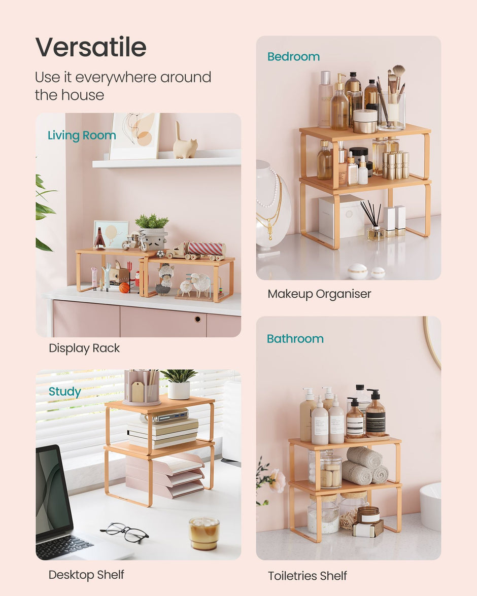 Set of 2 Stackable Expandable Spice Racks – Metal and Engineered Wood – Apricot Orange – Cupboard Shelf Organisers