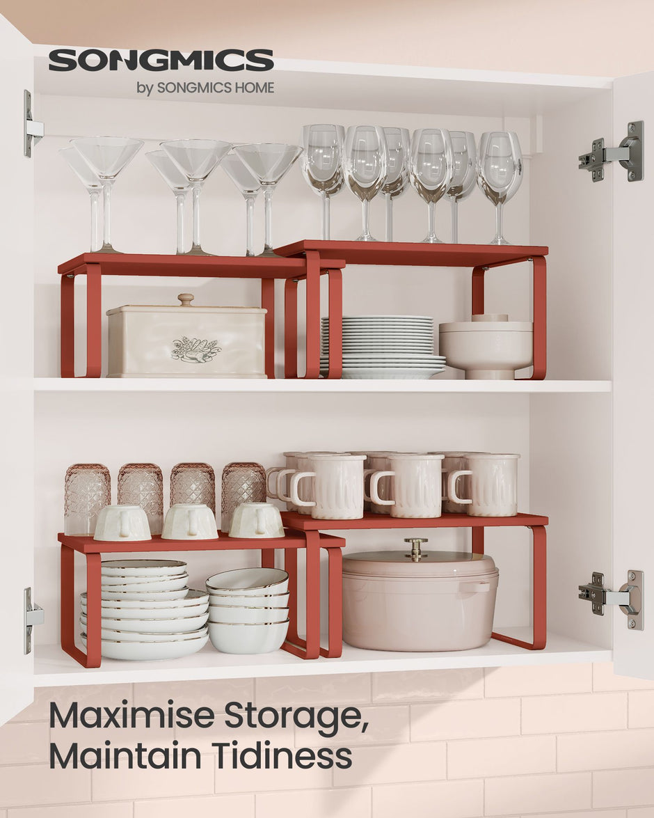 Set of 2 Expandable Kitchen Spice Racks – Metal and Engineered Wood – Mandarin Red – Stackable Design
