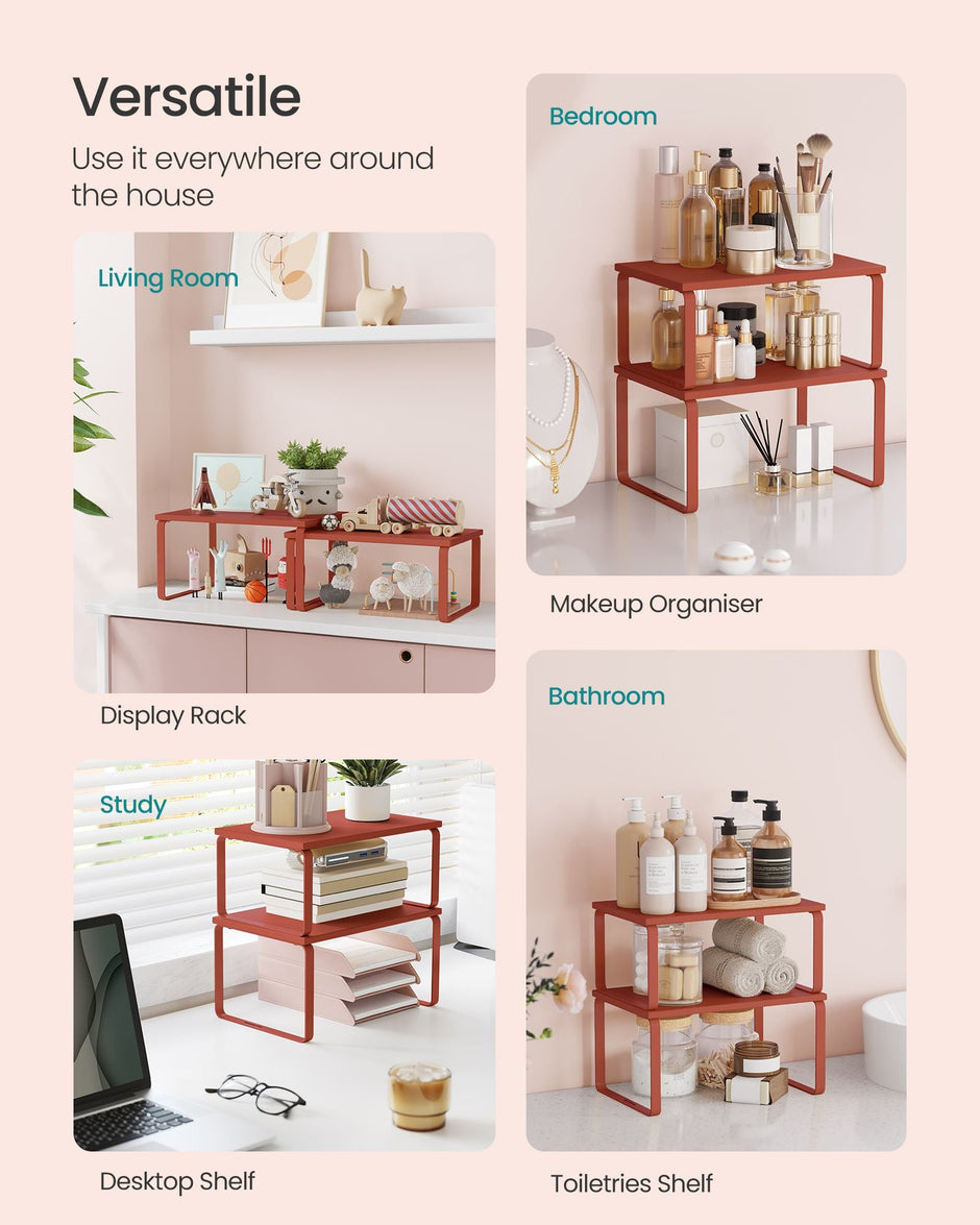 Set of 2 Expandable Kitchen Spice Racks – Metal and Engineered Wood – Mandarin Red – Stackable Design