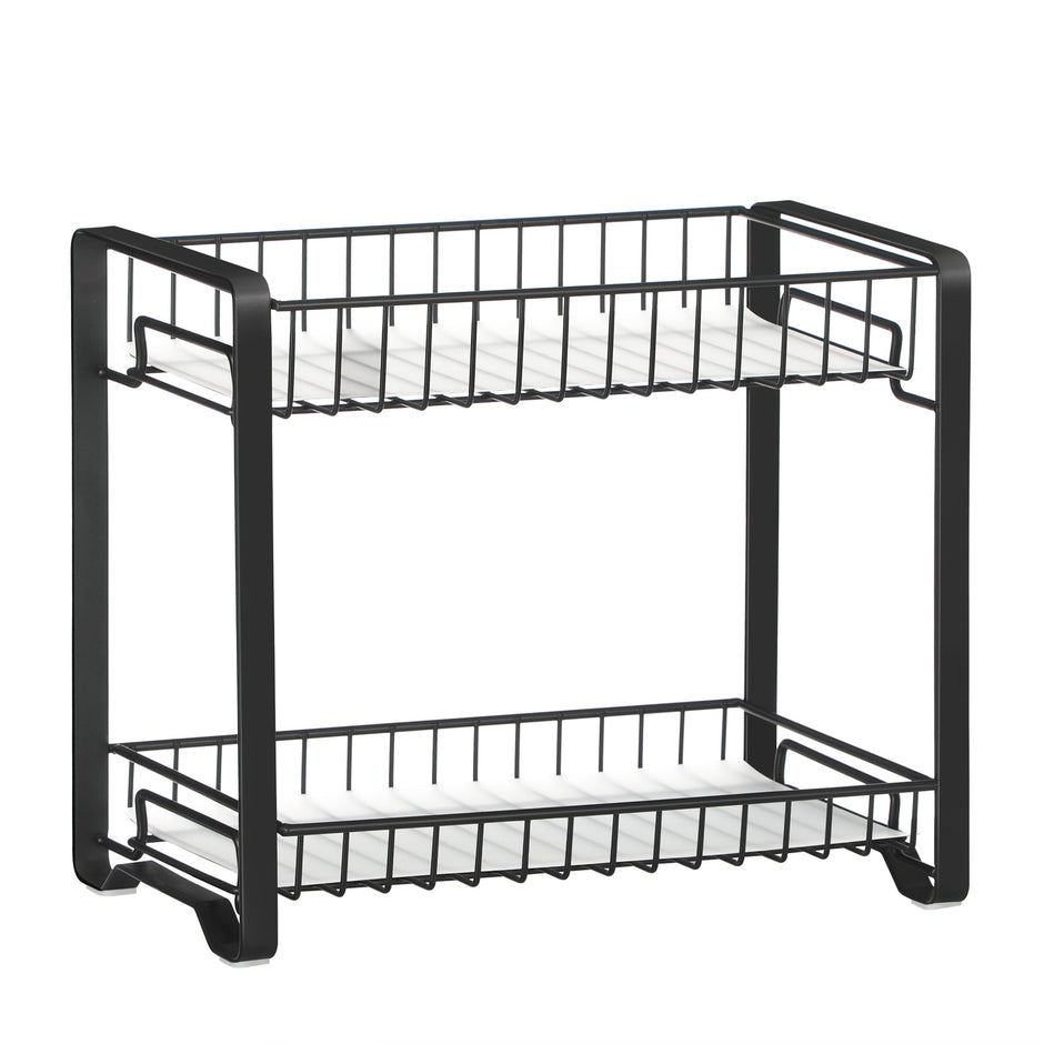 2-Tier Metal Kitchen Storage Rack – Black – Easy Assembly with Anti-Slip Feet and Plastic Shelf Liner