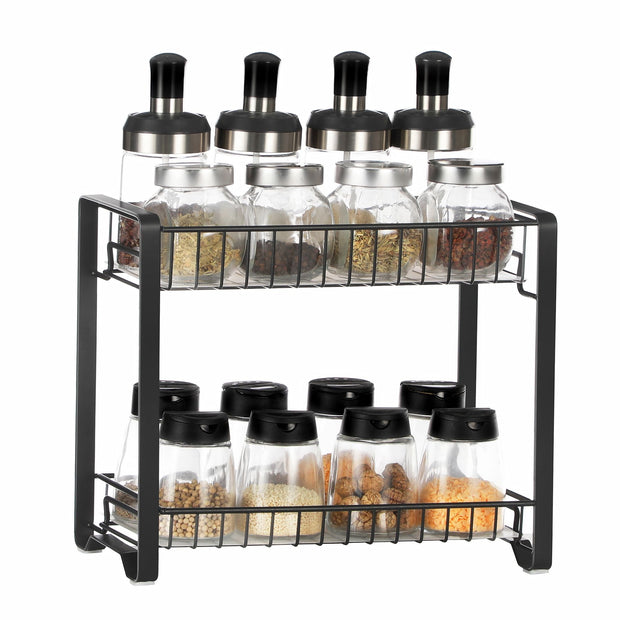 2-Tier Metal Kitchen Storage Rack – Black – Easy Assembly with Anti-Slip Feet and Plastic Shelf Liner