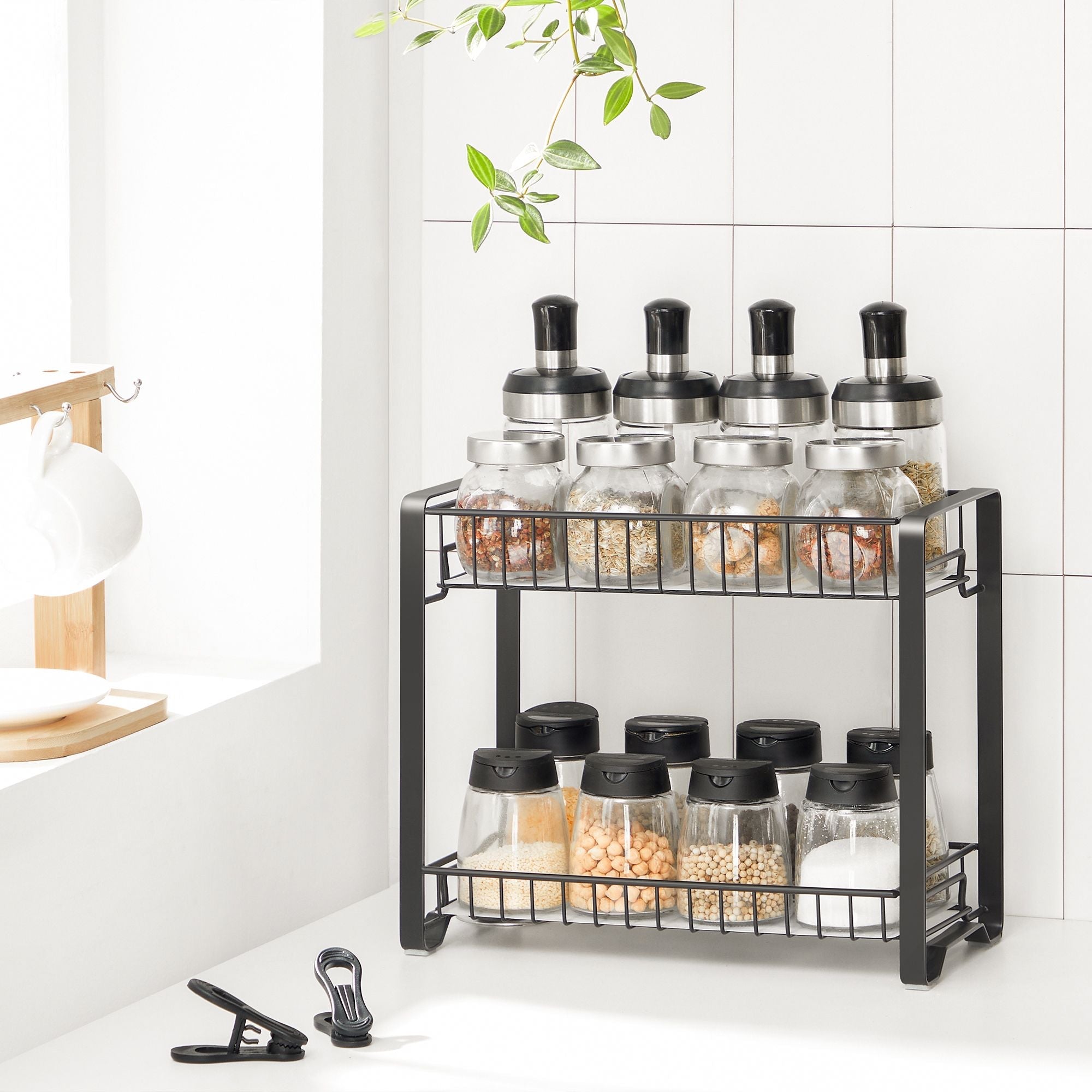 2-Tier Metal Kitchen Storage Rack – Black – Easy Assembly with Anti-Slip Feet and Plastic Shelf Liner