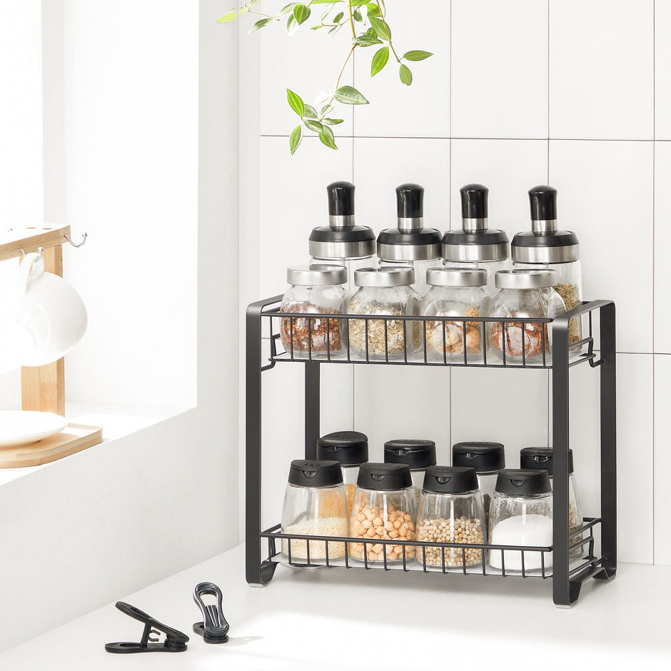 2-Tier Metal Kitchen Storage Rack – Black – Easy Assembly with Anti-Slip Feet and Plastic Shelf Liner