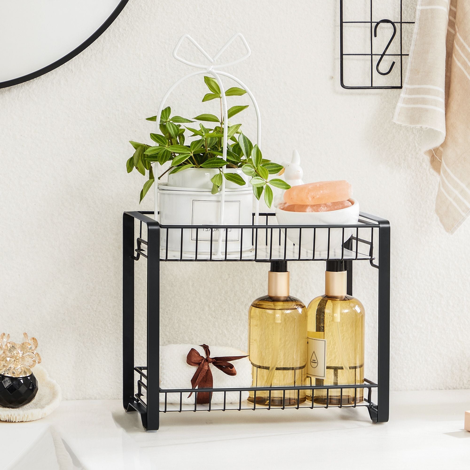 2-Tier Metal Kitchen Storage Rack – Black – Easy Assembly with Anti-Slip Feet and Plastic Shelf Liner