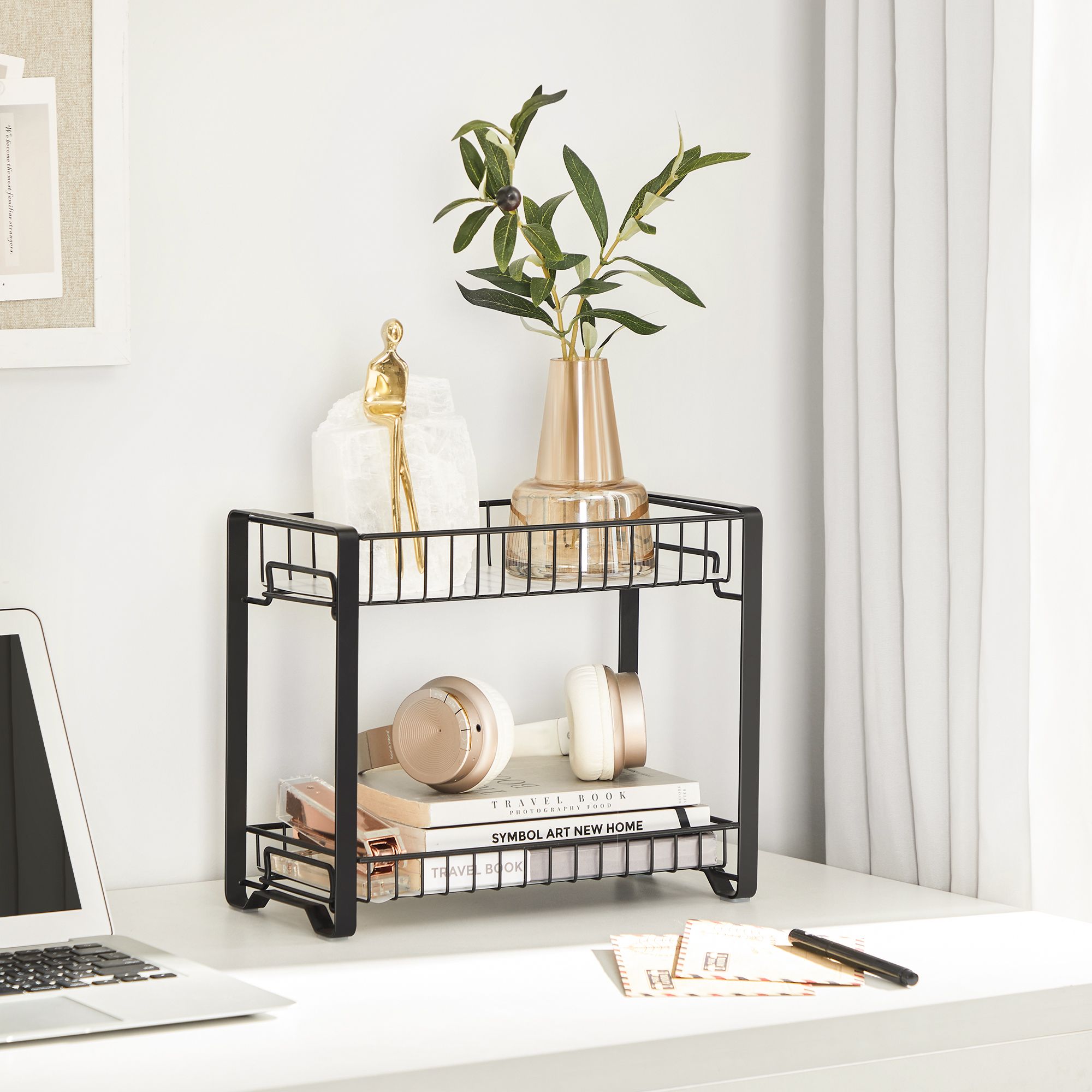 2-Tier Metal Kitchen Storage Rack – Black – Easy Assembly with Anti-Slip Feet and Plastic Shelf Liner