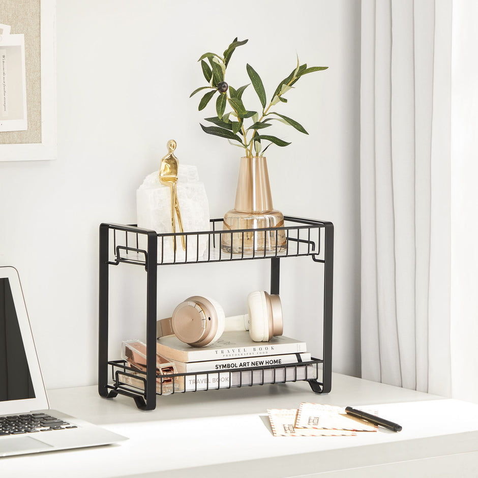 2-Tier Metal Kitchen Storage Rack – Black – Easy Assembly with Anti-Slip Feet and Plastic Shelf Liner