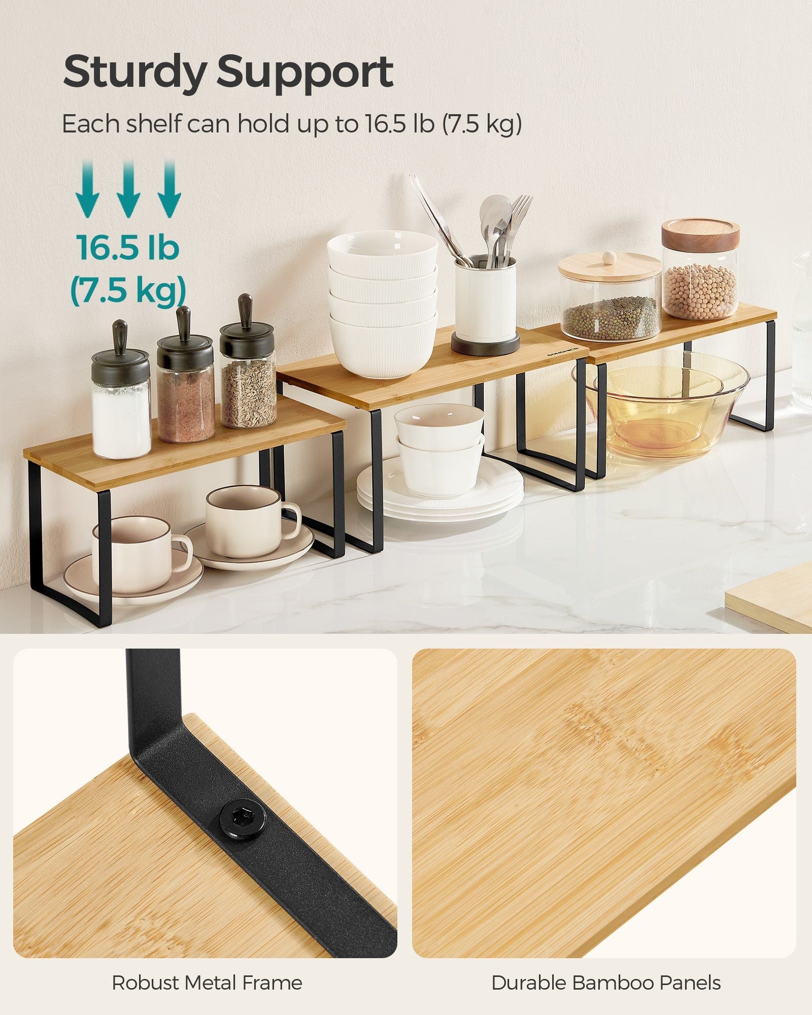 Set of 3 Cupboard Organisers – Metal and Bamboo – Ink Black and Natural Beige – Stackable and Expandable