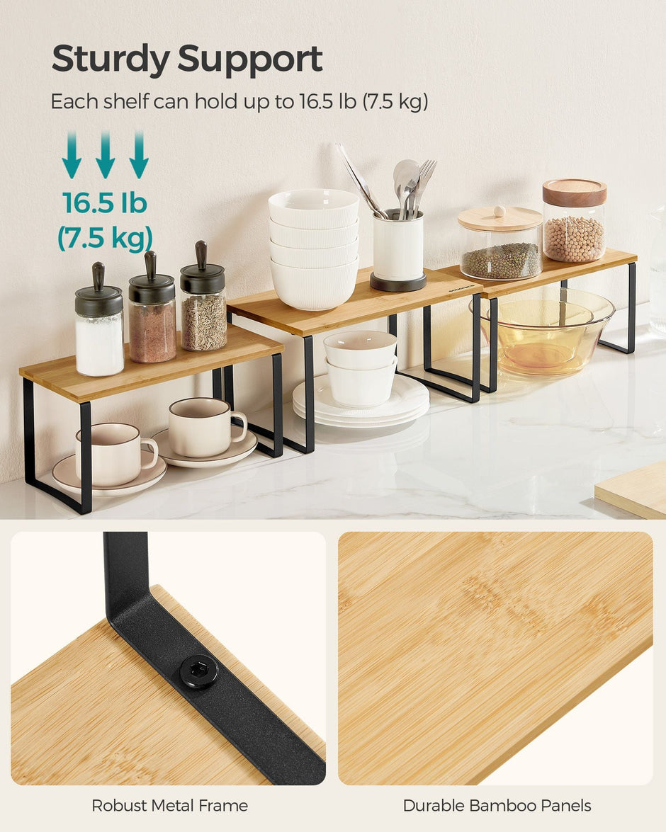Set of 3 Cupboard Organisers – Metal and Bamboo – Ink Black and Natural Beige – Stackable and Expandable