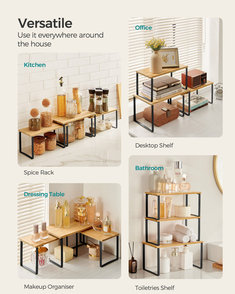 Set of 3 Cupboard Organisers – Metal and Bamboo – Ink Black and Natural Beige – Stackable and Expandable