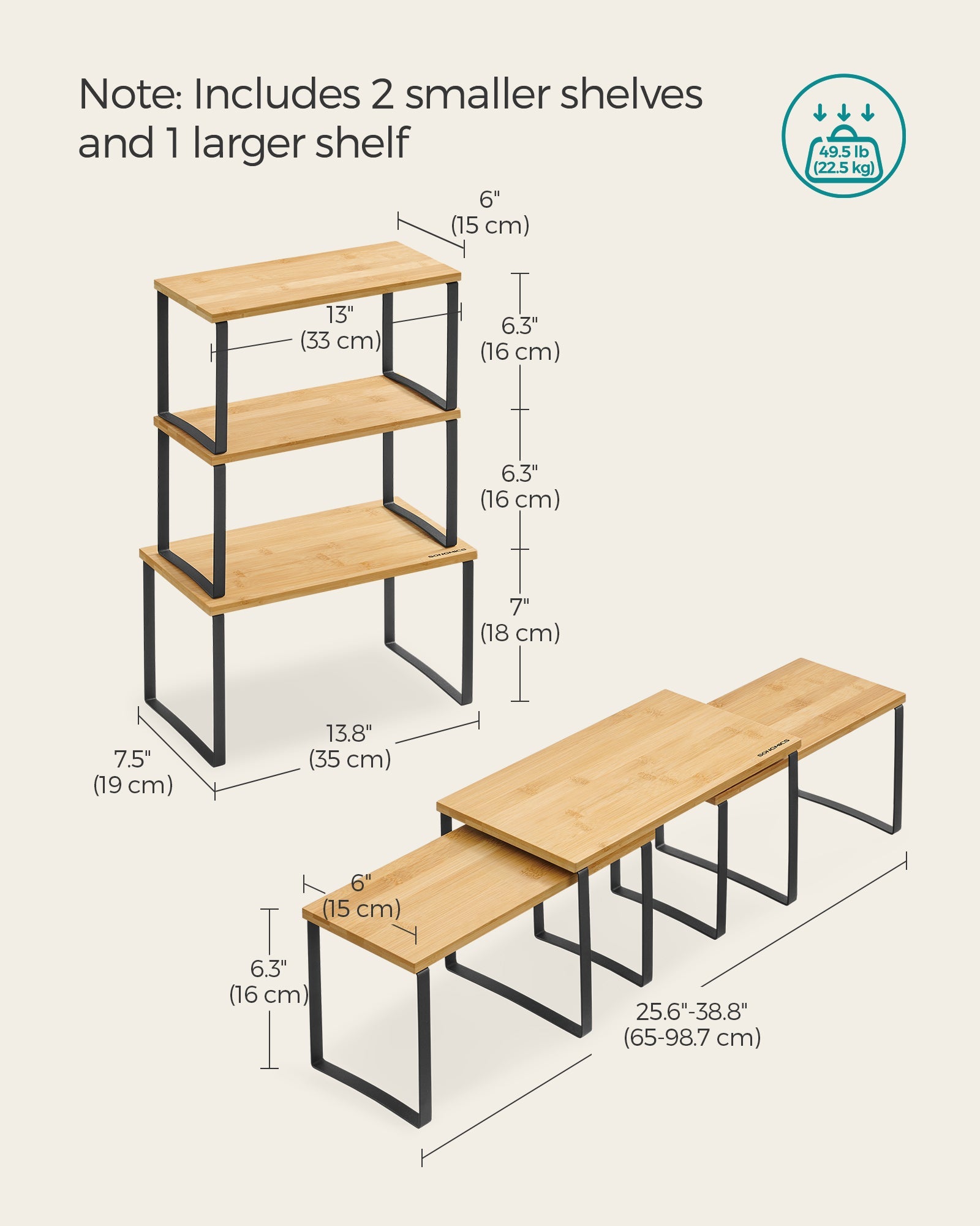 Set of 3 Cupboard Organisers – Metal and Bamboo – Ink Black and Natural Beige – Stackable and Expandable