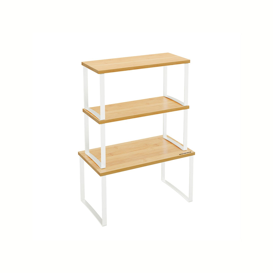 Set of 3 Cupboard Organisers – Metal and Bamboo – Cloud White and Natural Beige – Stackable and Expandable Spice Racks