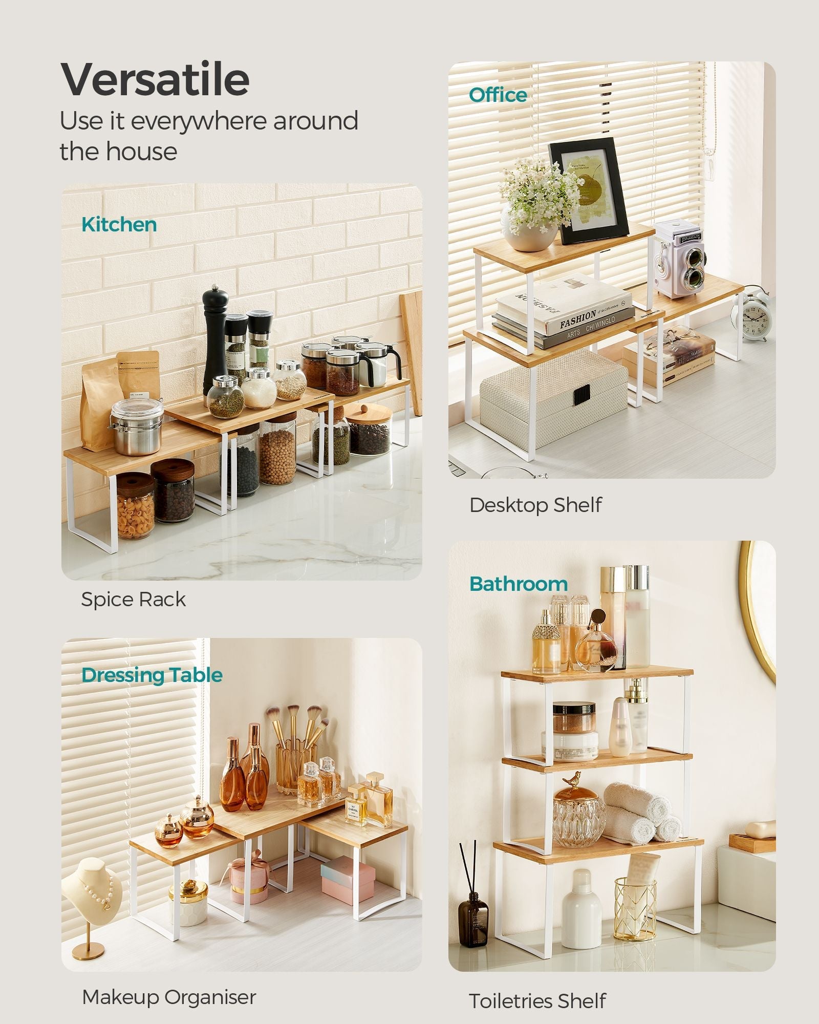 Set of 3 Cupboard Organisers – Metal and Bamboo – Cloud White and Natural Beige – Stackable and Expandable Spice Racks