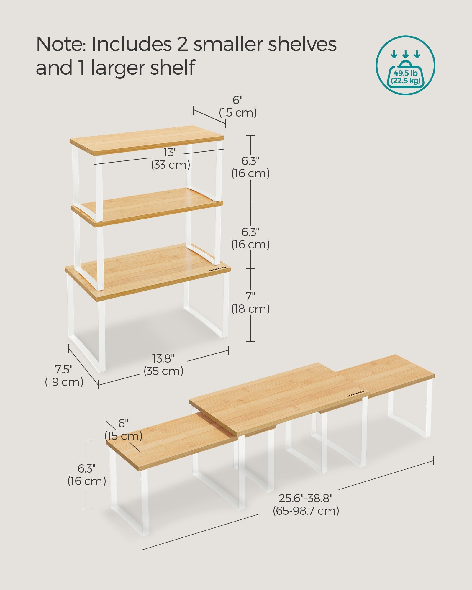 Set of 3 Cupboard Organisers – Metal and Bamboo – Cloud White and Natural Beige – Stackable and Expandable Spice Racks