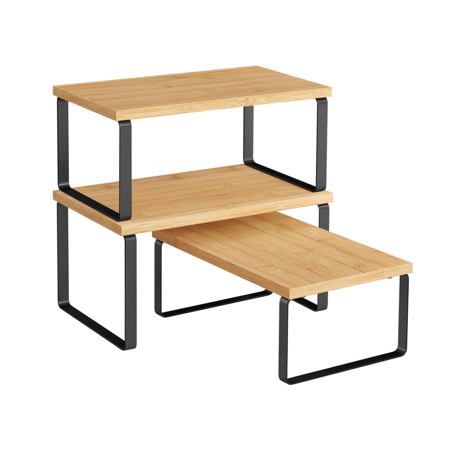 Kitchen Cupboard Organisers – Metal and Bamboo – Ink Black and Natural Beige – Set of 3 Stackable and Expandable Shelves
