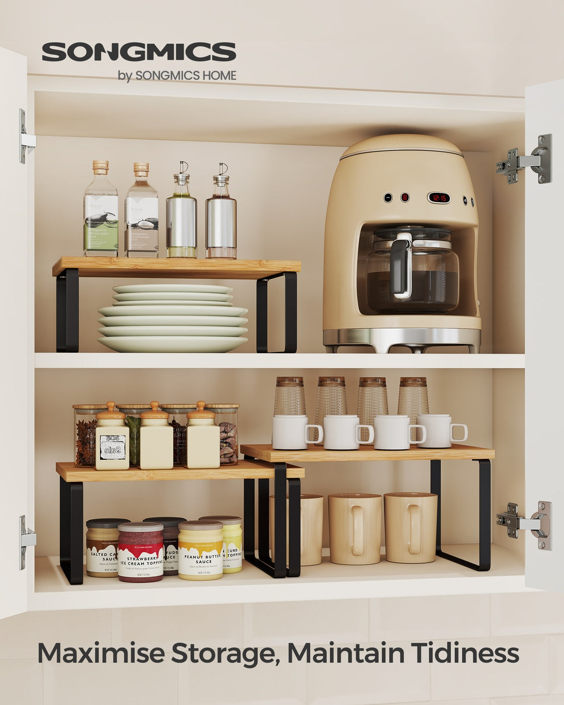Kitchen Cupboard Organisers – Metal and Bamboo – Ink Black and Natural Beige – Set of 3 Stackable and Expandable Shelves