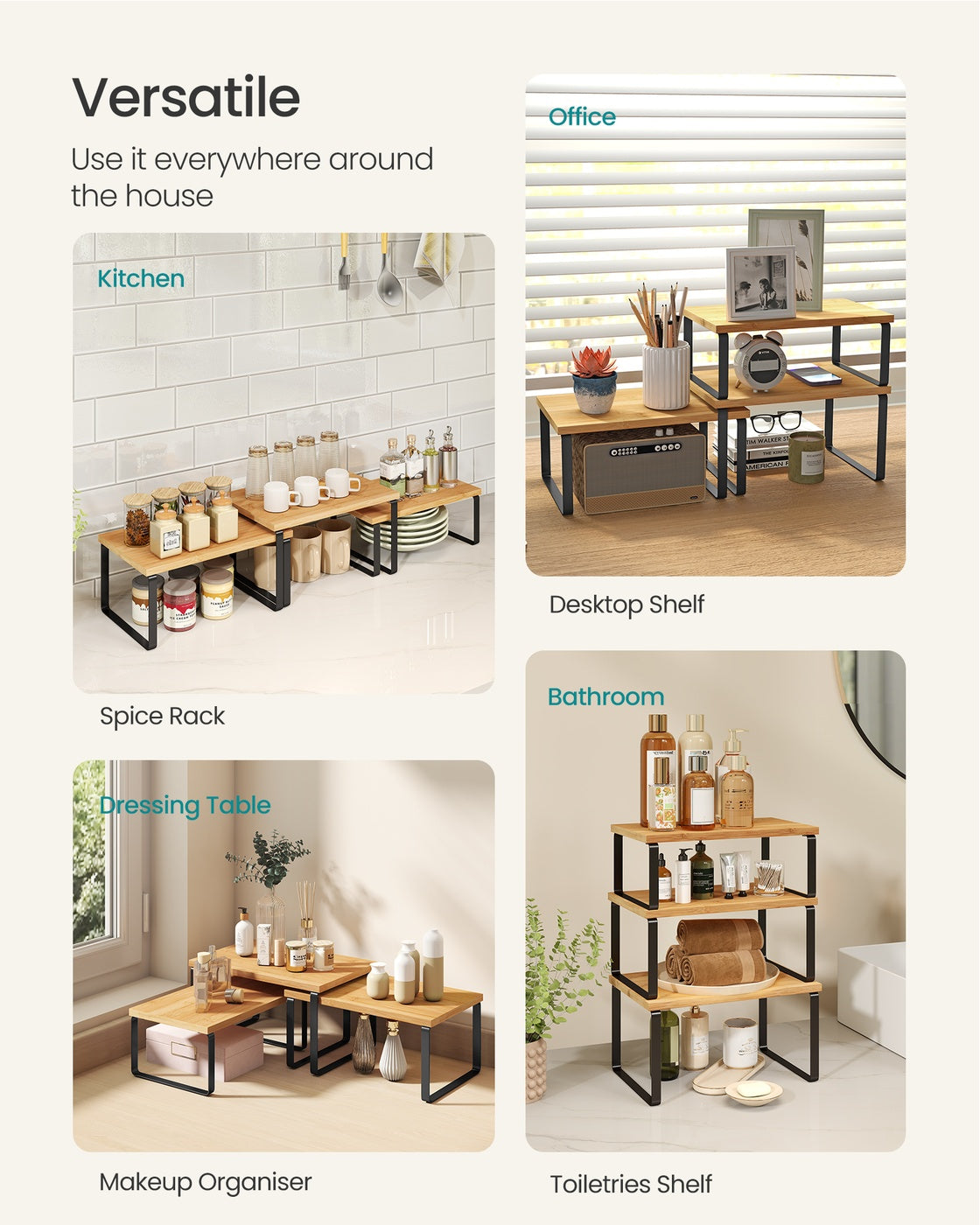 Kitchen Cupboard Organisers – Metal and Bamboo – Ink Black and Natural Beige – Set of 3 Stackable and Expandable Shelves