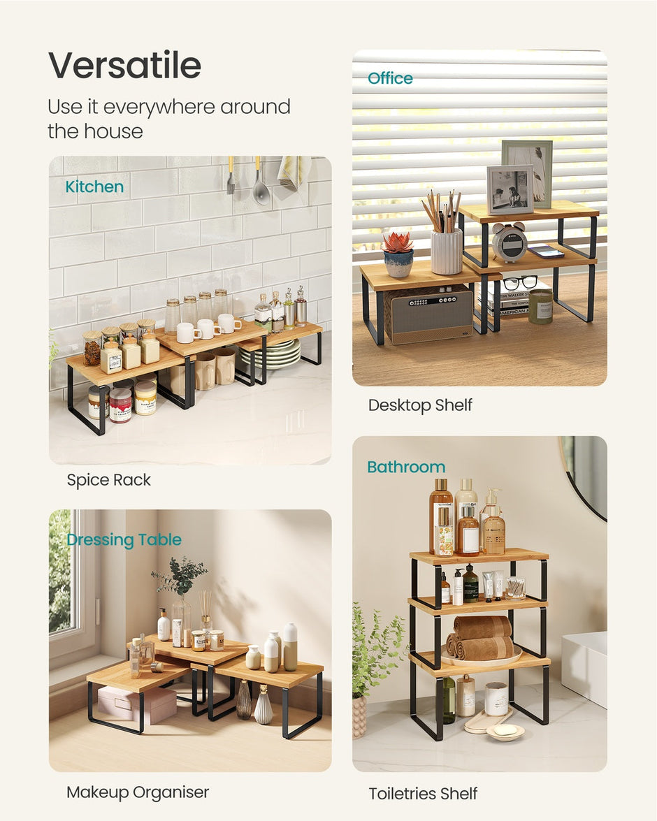Kitchen Cupboard Organisers – Metal and Bamboo – Ink Black and Natural Beige – Set of 3 Stackable and Expandable Shelves