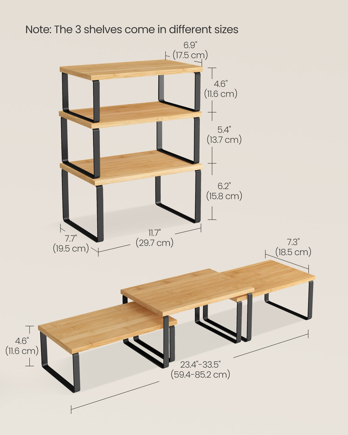 Kitchen Cupboard Organisers – Metal and Bamboo – Ink Black and Natural Beige – Set of 3 Stackable and Expandable Shelves