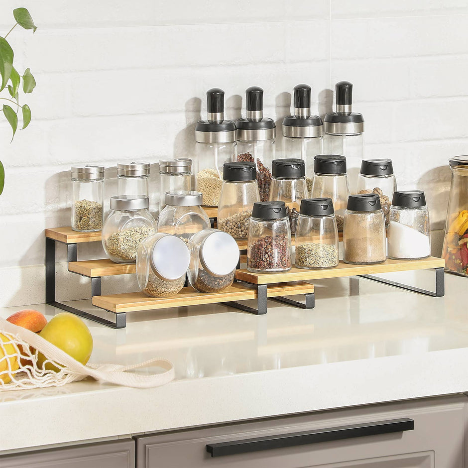 Spice Rack – Bamboo – Natural and Black – Set of 2, 3-Tier, Stackable